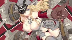 Rule 34 | 10s, 1girl, bare shoulders, bismarck (kancolle), blonde hair, blue eyes, breasts, cleavage, gloves, grey thighhighs, hat over one eye, hews, huge breasts, kantai collection, long hair, pointing, solo, thighhighs, thighs