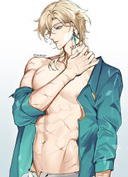 Rule 34 | 1boy, abs, absurdres, aqua shirt, aventurine (honkai: star rail), blonde hair, collarbone, collared shirt, earrings, eriimyon, eyes visible through hair, highres, honkai: star rail, honkai (series), jewelry, male focus, navel, neck tattoo, nipples, one eye closed, open clothes, open shirt, pectorals, purple eyes, ringed eyes, scar, scar on arm, scar on chest, scar on stomach, scars all over, shirt, short hair, simple background, single off shoulder, solo, tattoo, toned, toned male, too many, two-tone eyes, upper body, white background