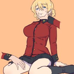 Rule 34 | 1girl, arm support, black footwear, black skirt, blonde hair, blue eyes, braid, breasts, darjeeling (girls und panzer), disembodied limb, french braid, girls und panzer, hair between eyes, hand on another&#039;s face, hand on another&#039;s thigh, highres, huaronanago, jacket, large breasts, parted lips, red jacket, sitting, skirt, solo, st. gloriana&#039;s military uniform, sweatdrop, tan background, yokozuwari