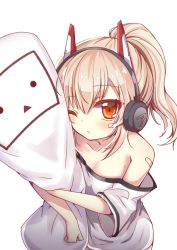 Rule 34 | 1girl, ayanami (azur lane), ayanami (niconico) (azur lane), azur lane, bandaid, bandaid on arm, bare shoulders, blush, brown eyes, comic, commentary request, facial mark, hair between eyes, headgear, headphones, high ponytail, highres, light brown hair, long hair, looking at viewer, niconico, hugging object, off-shoulder shirt, off shoulder, one side up, pillow, pillow hug, ponytail, shirt, short hair, simple background, solo, terebi-chan, white background, white shirt, wide sleeves, yukiyuki 441