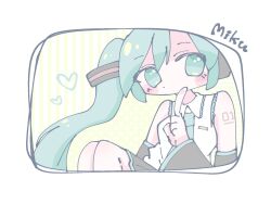 Rule 34 | 1girl, aqua eyes, aqua hair, aqua necktie, bare shoulders, black skirt, black sleeves, blush, border, character name, collared shirt, detached sleeves, finger to mouth, hair ornament, hashtag-only commentary, hatsune miku, heart, highres, kinomi wa donguri, long hair, long sleeves, looking at viewer, necktie, number tattoo, pale color, pleated skirt, polka dot, polka dot background, shirt, sitting, skirt, sleeveless, sleeveless shirt, solo, striped background, tattoo, twintails, vocaloid, white border, white shirt, yellow background