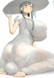 Rule 34 | 1boy, 1girl, bandages, barefoot, blush, breasts, choker, dress, feet, from behind, hat, highres, huge breasts, looking back, minggoo, original, plump, see-through, see-through dress, sitting, sitting on face, sitting on person, smell, soles, toes