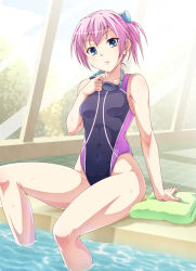 Rule 34 | 10s, 1girl, abs, alternate costume, bare shoulders, blue eyes, breasts, competition swimsuit, e20, goggles, goggles around neck, hair ribbon, kantai collection, legs, one-piece swimsuit, pink hair, ponytail, pool, poolside, rei no pool, ribbon, shiranui (kancolle), short hair, sitting, small breasts, soaking feet, solo, swimsuit, tile floor, tiles, toned, towel, water, window
