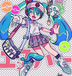 Rule 34 | 1girl, :d, bag, beanie, blue bag, blue eyes, blue hair, blue socks, bracelet, collared shirt, commentary, creatures (company), fake transparency, game freak, gen 5 pokemon, gloves, grey skirt, hair between eyes, hair ribbon, hat, hatsune miku, headphones, jewelry, legendary pokemon, long hair, looking at viewer, meloetta, meloetta (aria), mythical pokemon, nintendo, open mouth, outstretched arms, piano print, plaid, plaid skirt, pleated skirt, pokemon, pokemon (creature), polo shirt, project voltage, psychic miku (project voltage), red ribbon, ribbon, shirt, shoes, short sleeves, shoulder bag, signature, single glove, skirt, smile, sneakers, socks, solo, standing, twintails, very long hair, vocaloid, w, white footwear, white gloves, white headwear, white shirt, yuusuke-kun