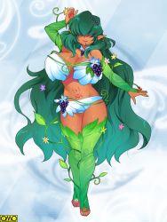 1girl breasts dark-skinned_female dark_skin elf female_focus flower food fruit green_hair grin huge_breasts long_hair omc original pointy_ears smile solo very_long_hair