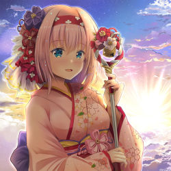 Rule 34 | 1girl, backlighting, bell, blue eyes, blush, breasts, commentary request, floral print, flower, hair between eyes, hair ornament, hairband, holding, japanese clothes, kimono, large breasts, looking at viewer, open mouth, pink hair, princess connect!, red flower, short hair, smile, solo, staryume, yui (new year) (princess connect!), yui (princess connect!)