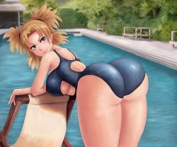 Rule 34 | 1girl, ass, back, back cutout, bare shoulders, bent over, blonde hair, breasts, chair, cleavage cutout, closed mouth, clothing cutout, earrings, green eyes, huge ass, jewelry, large breasts, looking back, naruto (series), neileeng, one-piece swimsuit, outdoors, pool, short hair, smile, swimsuit, temari (naruto), thick thighs, thighs, underboob, wide hips