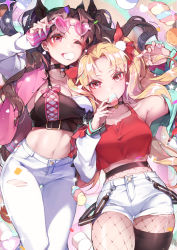 Rule 34 | 2girls, alternate costume, black hair, blonde hair, breasts, casual, cleavage, contemporary, ereshkigal (fate), eyewear on head, fate/grand order, fate (series), fishnet legwear, fishnets, heart, heart-shaped eyewear, ishtar (fate), ishtar (swimsuit rider) (fate), kanola u, long hair, looking at viewer, midriff, multiple girls, pants, pantyhose, parted bangs, red eyes, shorts, tohsaka rin, two side up, very long hair