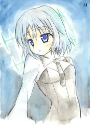 Rule 34 | 00s, 1girl, alternate eye color, blue background, blue eyes, expressionless, highres, looking to the side, military, military uniform, naone shou, necktie, open mouth, sanya v. litvyak, short hair, silver hair, solo, strike witches, uniform, world witches series
