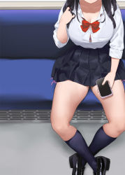 Rule 34 | 1girl, black footwear, black hair, black skirt, bow, bowtie, breasts, button gap, cellphone, head out of frame, holding, holding phone, kaisen chuui, large breasts, loafers, long hair, original, phone, pleated skirt, red bow, red bowtie, shirt, shoes, sitting, skirt, socks, solo, white shirt