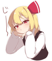 1girl blonde_hair blush closed_mouth commentary_request hair_ribbon highres long_sleeves looking_at_viewer oyatu_potage red_eyes red_ribbon ribbon rumia short_hair simple_background solo touhou upper_body white_background