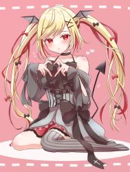 Rule 34 | 1girl, absurdres, bare shoulders, black bow, black dress, blush, bone, bow, choker, commentary, commission, corset, cross, demon girl, demon tail, demon wings, dress, frills, hair bow, hair ribbon, heart, heart hands, highres, indie virtual youtuber, kuroma mihana, long hair, looking at viewer, multicolored hair, null maru, pink background, red bow, red eyes, red hair, ribbon, single thighhigh, sitting, skeb commission, solo, streaked hair, tail, thighhighs, twintails, virtual youtuber, wings