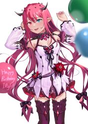 Rule 34 | 1girl, absurdres, aircraft, armpits, balloon, blue eyes, bow, breasts, cleavage, detached collar, detached sleeves, dress, fangs, flower, hair bow, halo, happy birthday, heterochromia, highres, hololive, hololive english, horns, hot air balloon, irys (hololive), irys (irys 2.0) (hololive), jewelry, long hair, long sleeves, looking at viewer, medium breasts, multicolored hair, nail polish, pink nails, pointy ears, purple hair, red eyes, red flower, red hair, shift (shiftillust), short dress, smile, solo, teeth, thighhighs, upper teeth only, virtual youtuber