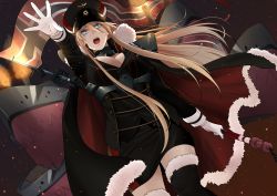 Rule 34 | 1girl, absurdres, azur lane, bismarck (azur lane), black cape, black footwear, black hat, black jacket, black skirt, blonde hair, blue eyes, boots, breasts, buttons, cape, cleavage, commission, fire, flag, fur-trimmed boots, fur-trimmed cape, fur trim, gloves, hat, highres, holding, holding flag, jacket, large breasts, miniskirt, open mouth, oshida bob, outstretched arm, peaked cap, pencil skirt, pixiv commission, red cape, rigging, skirt, solo, thigh boots, thighhighs, two-tone cape, white gloves