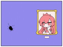 Rule 34 | 1000-nen ikiteru (vocaloid), 1girl, border, crack, cracked wall, dress, elbow gloves, gloves, hand on own chin, hole in wall, long hair, looking to the side, picture frame, pink dress, pink eyes, pink hair, purple background, rabbit hole (vocaloid), shiba inu (j1piwzrj8xdzywk), short sleeves, simple background, small sweatdrop, solo, tiara, vocaloid, white border, white gloves
