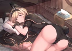 Rule 34 | 1girl, alternate color, animal ears, ass, black cape, black leotard, blonde hair, breasts, brown eyes, cape, commentary request, djeeta (granblue fantasy), fake animal ears, granblue fantasy, hairband, highres, leotard, light rays, medium breasts, milli little, on bed, pillow, playboy bunny, rabbit ears, rabbit tail, sage (granblue fantasy), short hair, short sleeves, smile, solo, sunbeam, sunlight, tagme, tail, tissue box, twitter username, wrist cuffs