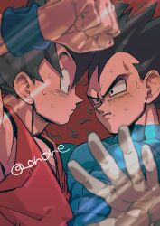 Rule 34 | 2boys, bara, black hair, blush, clenched hand, closed mouth, covered abs, dougi, dragon ball, dragonball z, gloves, highres, large pectorals, looking at another, male focus, multiple boys, muscular, muscular male, onore, pectorals, short hair, son goku, spiked hair, twitter username, vegeta, white gloves, yaoi