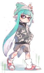 Rule 34 | 1girl, aqua hair, aqua hat, bad id, bad twitter id, beanie, black jacket, black shorts, blunt bangs, blush, closed mouth, commentary, full body, hands in pockets, hat, hat ornament, inkling, inkling girl, inkling player character, jacket, light blush, light frown, long hair, long sleeves, looking at viewer, maco spl, nintendo, pointy ears, purple eyes, red footwear, sandals, shorts, shrimp, solo, splatoon (series), splatoon 2, standing, tentacle hair, white background, white legwear, winter clothes, zipper, zipper pull tab
