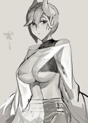 Rule 34 | 1girl, breasts, closed mouth, commentary request, crop top, dragon girl, dragon horns, grey background, highres, horns, large breasts, long sleeves, looking at viewer, monochrome, off shoulder, original, pants, sakoku (oyatsu3ji ), see-through, see-through shirt, shirt, simple background, solo, translation request, underboob, upper body