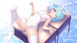Rule 34 | 1girl, absurdres, arona (blue archive), ass, blue archive, blue eyes, blue hair, blush, bow, braid, breasts, cameltoe, covered navel, desk, hair bow, hair over one eye, highres, knee up, legs, lying, natsumiya yuzu, no pants, no shoes, old school swimsuit, on back, on desk, one-piece swimsuit, ribbon, school swimsuit, short hair, smile, solo, spread legs, swimsuit, thighhighs, thighs, white one-piece swimsuit, white thighhighs
