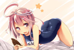 Rule 34 | 10s, 1girl, ahoge, all fours, arched back, bare shoulders, bitter melon, blush, food, hair ornament, holding, holding food, i-58 (kancolle), kantai collection, name connection, name tag, object namesake, one-piece swimsuit, open mouth, pink eyes, pink hair, school swimsuit, short hair, smile, solo, star (symbol), swimsuit, unomi