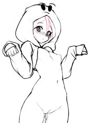 Rule 34 | 1girl, :&lt;, absurdres, blush, bottomless, breasts, cleft of venus, clenched hands, closed mouth, cowboy shot, emoji, female focus, fir3born, gluteal fold, greyscale, hair between eyes, hands up, highres, hood, hood up, hooded shrug, long sleeves, looking at viewer, monochrome, navel, nipples, no shirt, nose blush, original, pink hair, pussy, pussy juice, short hair, shrug (clothing), sidelocks, simple background, sketch, sleeves past wrists, small breasts, solo, spot color, standing, stomach, thighs, thonk (fir3born), uncensored, white background