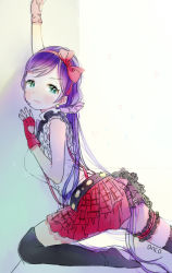 Rule 34 | 10s, 1girl, anco (melon85), belt, black thighhighs, blouse, blue hair, blush, bokura wa ima no naka de, bow, bridal garter, earrings, fingerless gloves, gloves, green eyes, hair bow, jewelry, long hair, looking at viewer, love live!, love live! school idol project, open mouth, red gloves, red skirt, shirt, skirt, smile, solo, thighhighs, tojo nozomi, white shirt