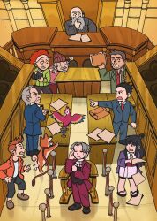 Rule 34 | 2girls, 6+boys, aalexfletcher, ace attorney, animal, bird, black hair, brown hair, camera, closed mouth, commentary, courtroom, dick gumshoe, dog, english commentary, folder, formal, grey hair, highres, holding, holding camera, holding folder, indoors, japanese clothes, judge, kimono, larry butz, long hair, long sleeves, looking at another, lotta hart, manfred von karma, maya fey, miles edgeworth, multiple boys, multiple girls, open mouth, orange hair, pants, paper, parrot, phoenix wright, phoenix wright: ace attorney, pointing, pointing at another, polly (ace attorney), shiba inu, shirt, shoes, short hair, standing, suit, the judge (ace attorney), yanni yogi