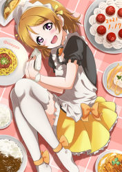 Rule 34 | 1girl, apron, arm scrunchie, artist name, artist request, black skirt, blush, bow, bowtie, breasts, brown hair, cake, cleavage, female focus, food, hair between eyes, hair bow, holding, holding food, kitatyoco, koizumi hanayo, love live!, love live! school idol project, lying, maid, maid apron, maid cap, maid headdress, mogyutto &quot;love&quot; de sekkin chuu!, on table, onigiri, orange bow, parted lips, plate, puffy short sleeves, puffy sleeves, purple eyes, rice, scrunchie, short hair, short sleeves, skirt, small breasts, smile, solo, table, white apron, white detached collar, white legwear, white scrunchie, yellow bow, yellow skirt