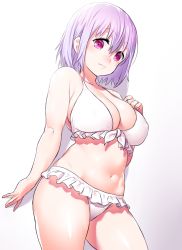 Rule 34 | 10s, 1girl, bare shoulders, bikini, breasts, cleavage, closed mouth, commentary request, curvy, frilled bikini, frills, front-tie bikini top, front-tie top, gridman universe, hair between eyes, hand on own chest, large breasts, light purple hair, looking at viewer, navel, onsoku inu, plump, purple eyes, shinjou akane, shiny skin, short hair, solo, ssss.gridman, standing, stomach, swimsuit, thighs, white bikini