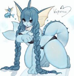 Rule 34 | 1girl, bare arms, bare legs, bare shoulders, black eyes, blue fur, blue hair, braid, breasts, cleavage, creatures (company), fins, fish tail, furry, furry female, game freak, gen 1 pokemon, head fins, heart, large breasts, long hair, looking at viewer, midriff, nintendo, pokemon, pokemon (creature), swimsuit, tail, thick thighs, thighs, togetoge, twin braids, vaporeon, wide hips