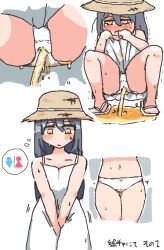 Rule 34 | 1girl, bare shoulders, blush, bow, bow panties, brown headwear, character request, close-up, closed mouth, clothes lift, collarbone, copyright request, crotch, dress, dress lift, female focus, flat chest, grey hair, hair between eyes, half-closed eyes, hands up, hat, japanese text, lifted by self, long hair, looking down, lower body, multiple views, navel, nose blush, open mouth, outline, panties, peeing, peeing self, puddle, sandals, simple background, sleeveless, sleeveless dress, spaghetti strap, spread legs, squatting, standing, straw hat, sweat, tako238, thought bubble, translation request, trembling, underwear, wet, wet clothes, wet panties, white background, white dress, white footwear, white outline, white panties, yellow eyes