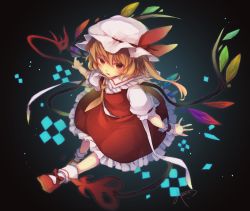 Rule 34 | 1girl, blonde hair, blue background, bow, commentary request, flandre scarlet, footwear bow, frilled shirt collar, frilled skirt, frilled sleeves, frills, full body, gensou aporo, hair between eyes, hat, hat bow, hat ribbon, laevatein, looking at viewer, mary janes, mob cap, necktie, puffy short sleeves, puffy sleeves, red bow, red eyes, red footwear, red ribbon, red skirt, red vest, ribbon, sash, shirt, shoes, short sleeves, side ponytail, signature, skirt, socks, solo, touhou, vest, white hat, white shirt, white socks, wings, wrist cuffs, yellow necktie
