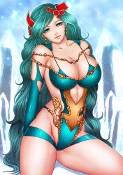 Rule 34 | 1990s (style), 1girl, bare shoulders, blue eyes, boots, breasts, cape, cleavage, crystal, detached sleeves, elbow gloves, final fantasy, final fantasy iv, final fantasy iv: the after years, gloves, green hair, hair ornament, jewelry, large breasts, legs, long hair, long legs, momoman (pink voltage), revealing clothes, rydia (ff4), smile, solo, thick thighs, thighs, very long hair