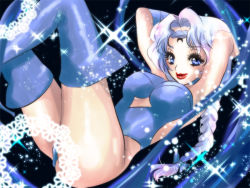 Rule 34 | 1990s (style), 1girl, beruche (sailor moon), bishoujo senshi sailor moon, bishoujo senshi sailor moon r, blue eyes, braid, breasts, cleavage, gloves, happy, leotard, smile, solo, thighhighs, white hair