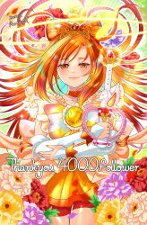 Rule 34 | 1girl, blush, bow-shaped hair, choker, commentary request, cure sunny, cure sunny (princess form), dress, earrings, elbow gloves, gloves, head wings, highres, hino akane (smile precure!), jewelry, long hair, magical girl, orange choker, orange dress, orange eyes, orange hair, orange skirt, orange theme, precure, ramune02, skirt, smile, smile precure!, solo, staff, tiara, white gloves, wings
