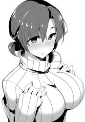 Rule 34 | 1girl, blush, boudica (fate), breasts, closed mouth, cropped torso, fate/grand order, fate (series), fingernails, fue (rhomphair), greyscale, hair between eyes, hands on own chest, highres, large breasts, long sleeves, looking at viewer, monochrome, ribbed sweater, simple background, sleeves past wrists, smile, solo, sweater, turtleneck, turtleneck sweater, upper body, white background