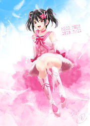 Rule 34 | 1girl, artist name, artist request, bare legs, bare shoulders, black hair, blue sky, blush, bokutachi wa hitotsu no hikari, boots, bow, breasts, choker, cleavage, cloud, collarbone, detached sleeves, dress, female focus, flower, frilled sleeves, frills, full body, hair bow, hair flower, hair ornament, hair ribbon, heart, heart choker, highres, looking at viewer, love live!, love live! school idol project, medium breasts, outdoors, parted lips, pink choker, pink dress, pink flower, pink ribbon, red eyes, ribbon, short hair, skirt, sky, smile, solo, striped neckwear, twintails, urutsu, white dress, white footwear, white skirt, yazawa nico