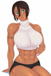 Rule 34 | 1girl, alex (nobodybutalex), armlet, breasts, brown hair, commentary, crop top, dark skin, dark-skinned female, english commentary, green eyes, hair between eyes, head tilt, highres, huge breasts, legs together, lips, lipstick, looking at viewer, makeup, midriff, muscular, muscular female, navel, original, puckered lips, ribbed sweater, short hair, short shorts, shorts, simone (nobodybutalex), sitting, sleeveless, sleeveless turtleneck, solo, sweater, thick thighs, thighs, turtleneck, white background