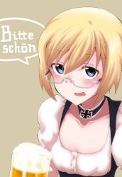 Rule 34 | 1girl, absurdres, alcohol, beer, blonde hair, blue eyes, cross, dirndl, german clothes, german text, glasses, highres, iron cross, looking at viewer, nasubi4499, open mouth, short hair, solo, strike witches, strike witches: suomus misfits squadron, translated, ursula hartmann, world witches series