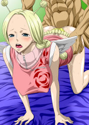 Rule 34 | 1boy, 1girl, all fours, antenna hair, ass, bed, bent over, blonde hair, blue eyes, blush, braid, clothed female nude male, clothed sex, conis (one piece), doggystyle, hetero, highres, kneeling, nel-zel formula, nude, one piece, open mouth, panties, pussy juice, sex, sex from behind, solo focus, sweat, tears, teeth, tongue, torso grab, twin braids, underwear, vaginal, yellow panties