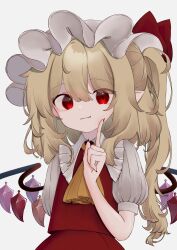 Rule 34 | 1girl, absurdres, bat wings, blonde hair, bow, collar, commentary, crystal, finger to cheek, flandre scarlet, frilled collar, frills, hat, hat bow, highres, index finger raised, komu, long hair, looking at viewer, mob cap, multicolored wings, neckerchief, necktie, pointy ears, red bow, red eyes, red necktie, red shirt, red skirt, shirt, side ponytail, sidelocks, simple background, skirt, slit pupils, smile, solo, touhou, white background, white collar, wings, yellow neckerchief
