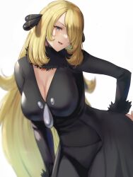 Rule 34 | 1girl, black coat, black pants, black shirt, blurry, blurry background, breasts, cleavage, coat, commentary, contrapposto, creatures (company), cynthia (pokemon), facing viewer, fur-trimmed sleeves, fur collar, fur trim, game freak, grey eyes, hair ornament, hair over one eye, hand on own hip, highres, large breasts, leaning forward, long hair, looking to the side, nintendo, pants, parted lips, pokemon, pokemon dppt, shirt, simple background, solo, teeth, very long hair, white background, wide hips, yamamori kinako