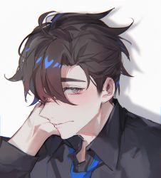 Rule 34 | 1boy, black shirt, blue necktie, blush, brown hair, buried stars, chinese commentary, clip studio paint (medium), collared shirt, commentary, grey eyes, hair over one eye, hand on own neck, highres, lee gyu-hyuk, long sleeves, looking to the side, male focus, necktie, shadow, shirt, short hair, simple background, solo, white background, yusa (yusa0751)