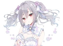 Rule 34 | 1girl, :t, bare shoulders, breasts, bridal gauntlets, detached collar, dress, earrings, floating hair, floral print, flower, frilled dress, frills, gem, grey hair, hair between eyes, hair flower, hair ornament, hair ribbon, head tilt, highres, idolmaster, idolmaster cinderella girls, idolmaster cinderella girls starlight stage, jewelry, kanzaki ranko, large breasts, looking at viewer, necklace, own hands together, pearl hair ornament, pearl necklace, red eyes, ribbon, solo, twintails, underwear, upper body, white dress, yuanagae