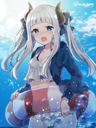 Rule 34 | 1girl, bad id, bad twitter id, bikini, blue bow, blue eyes, blue jacket, blunt bangs, blush, bow, breasts, commentary request, copyright request, cowboy shot, embarrassed, grey hair, hair bow, highres, horns, ikeuchi tanuma, innertube, jacket, long sleeves, navel, open mouth, quad tails, small breasts, solo, sweatdrop, swim ring, swimsuit, twintails, twitter username, white bikini