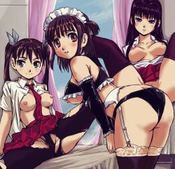 Rule 34 | 3girls, ass, blouse, blue eyes, blush, breasts, brown eyes, brown hair, covered erect nipples, detached sleeves, frills, garter belt, hair ribbon, kamisimo 90, lace, lace-trimmed legwear, lace trim, large breasts, long hair, maid, maid cap, maid headdress, multiple girls, necktie, nipples, open clothes, open shirt, pantyhose, purple eyes, ribbon, school uniform, shirt, sideboob, skirt, spread legs, thighhighs, torn clothes, torn legwear, twintails