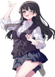 1girl ;d absurdres arm_up black_cardigan black_hair blue_skirt blue_socks blush boku_no_kokoro_no_yabai_yatsu bright_pupils brown_eyes cardigan collared_shirt commentary eyelashes floating_hair foot_out_of_frame hands_up happy highres hua-huahua long_hair looking_at_viewer miniskirt mole mole_on_neck one_eye_closed open_mouth pleated_skirt salute school_uniform shirt simple_background skirt smile socks solo standing standing_on_one_leg star_(symbol) teeth two-finger_salute upper_teeth_only white_background white_footwear white_shirt yamada_anna