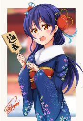Rule 34 | 1girl, blue hair, ca ba ya ki, commentary request, floral print, flower, hair between eyes, hair flower, hair ornament, holding, japanese clothes, kimono, long hair, looking at viewer, love live!, love live! school idol festival, love live! school idol project, new year, open mouth, smile, solo, sonoda umi, wide sleeves, yellow eyes