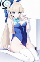 Rule 34 | 1girl, animal ears, bare shoulders, blonde hair, blue archive, blue bow, blue eyes, blue hairband, blue leotard, blue nails, bow, bowtie, braid, breasts, briefcase, closed mouth, detached collar, fake animal ears, groin, hairband, halo, high heels, highleg, highleg leotard, highres, leotard, long hair, medium breasts, mku, official alternate costume, official alternate hairstyle, playboy bunny, rabbit ears, simple background, sitting, solo, thighhighs, thighs, toki (blue archive), toki (bunny) (blue archive), v, very long hair, wariza, white background, white thighhighs, wrist cuffs